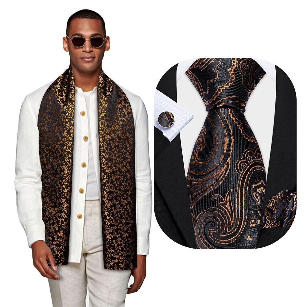5104 Black Gold Scarf and Tie Paisley Silk Necktie Pocket Square Cufflinks